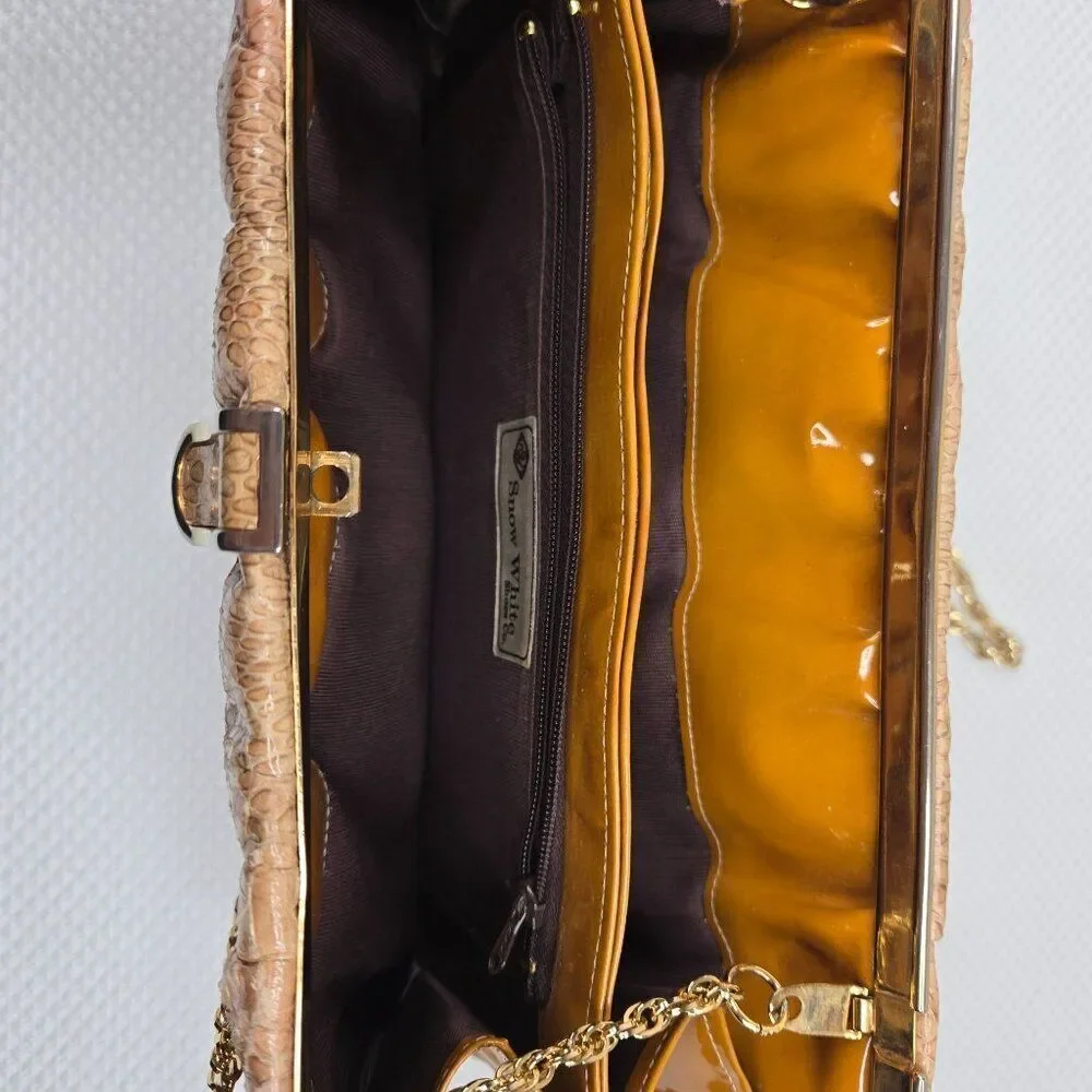 Vintage Snake Skin Leather Clutch Purse Gold Chain Strap